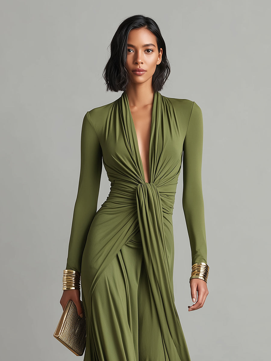 Isabelle | Olive Ruched V-Neck Maxi Dress