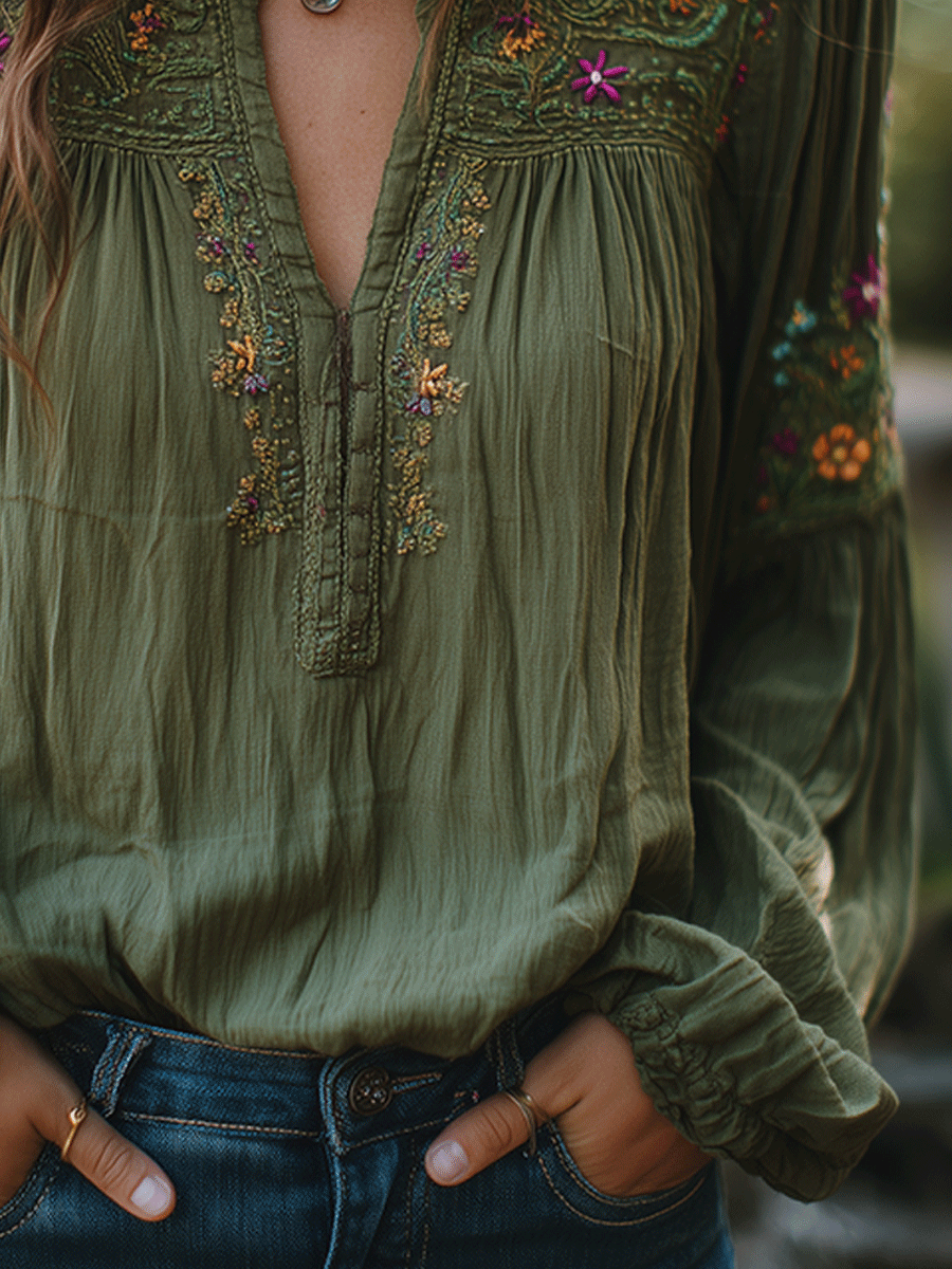 Olive | Embroidered Cotton Shirt