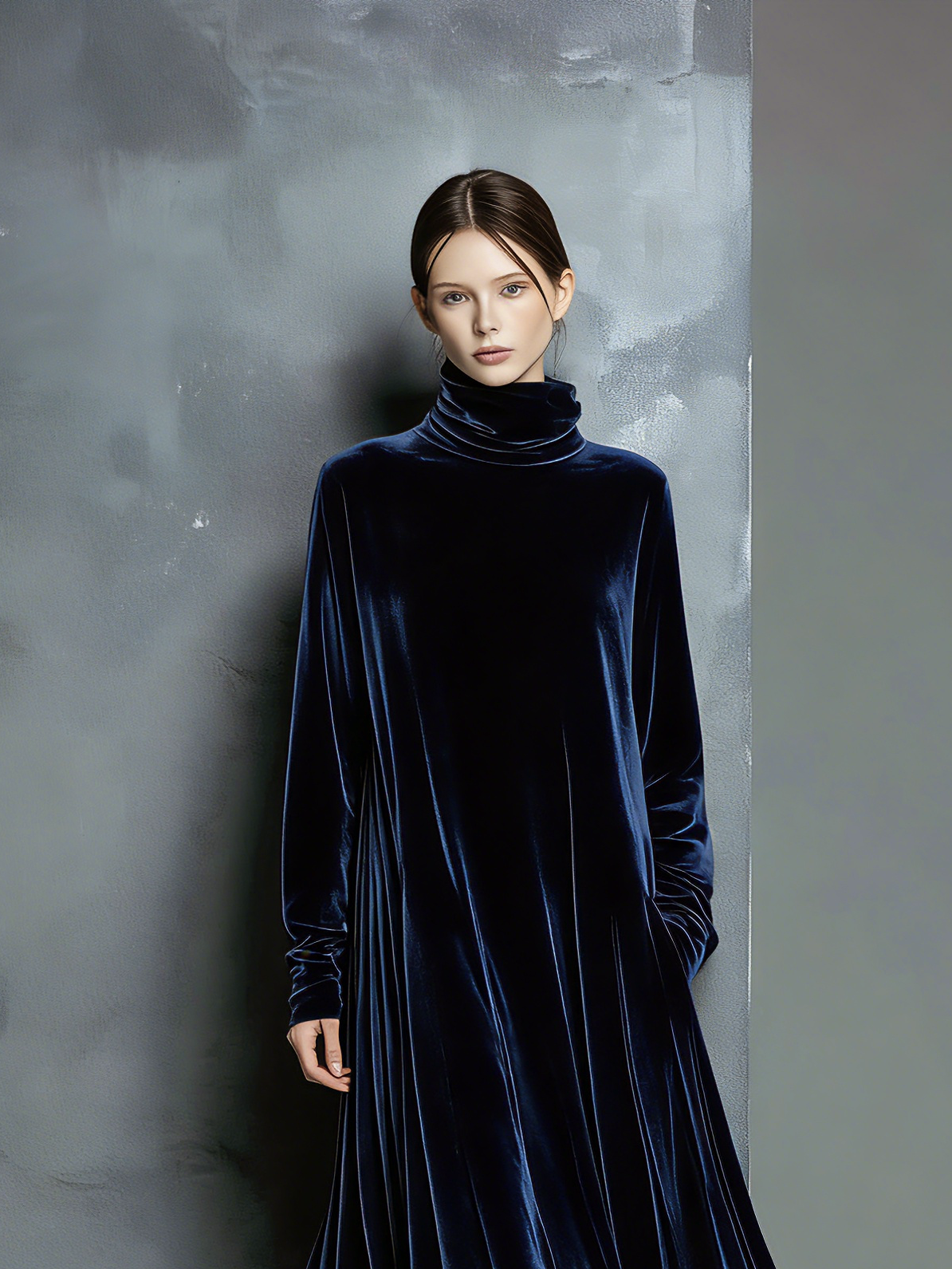 Adeline | Navy Velvet High-Neck Maxi Dress