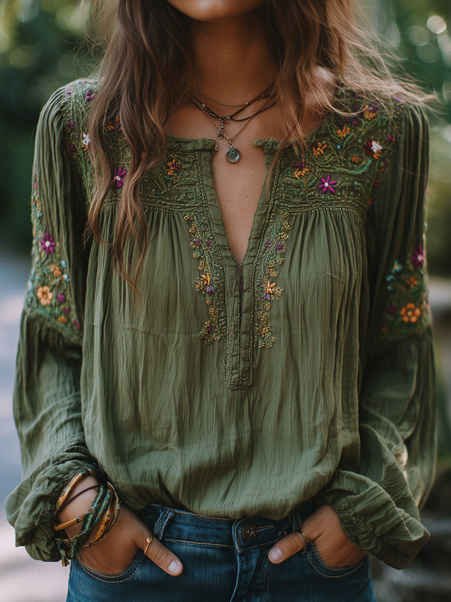 Olive | Embroidered Cotton Shirt