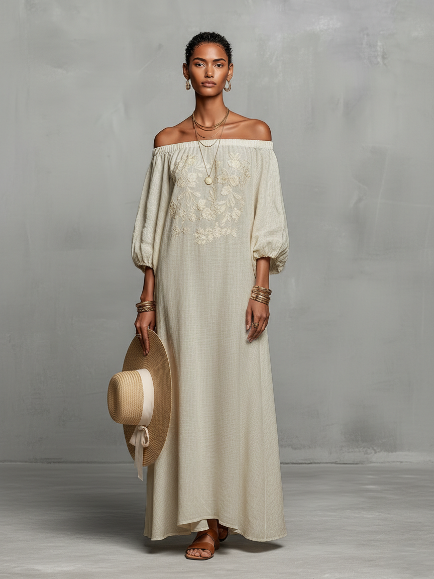 Evelina | Embroidered Off-Shoulder Maxi Dress