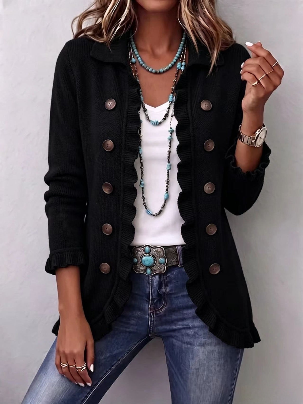 Baylor | Jet Black Ribbed Knit Ruffle Jacket