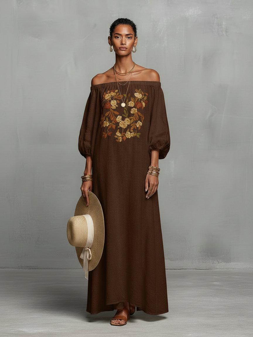 Evelina | Embroidered Off-Shoulder Maxi Dress