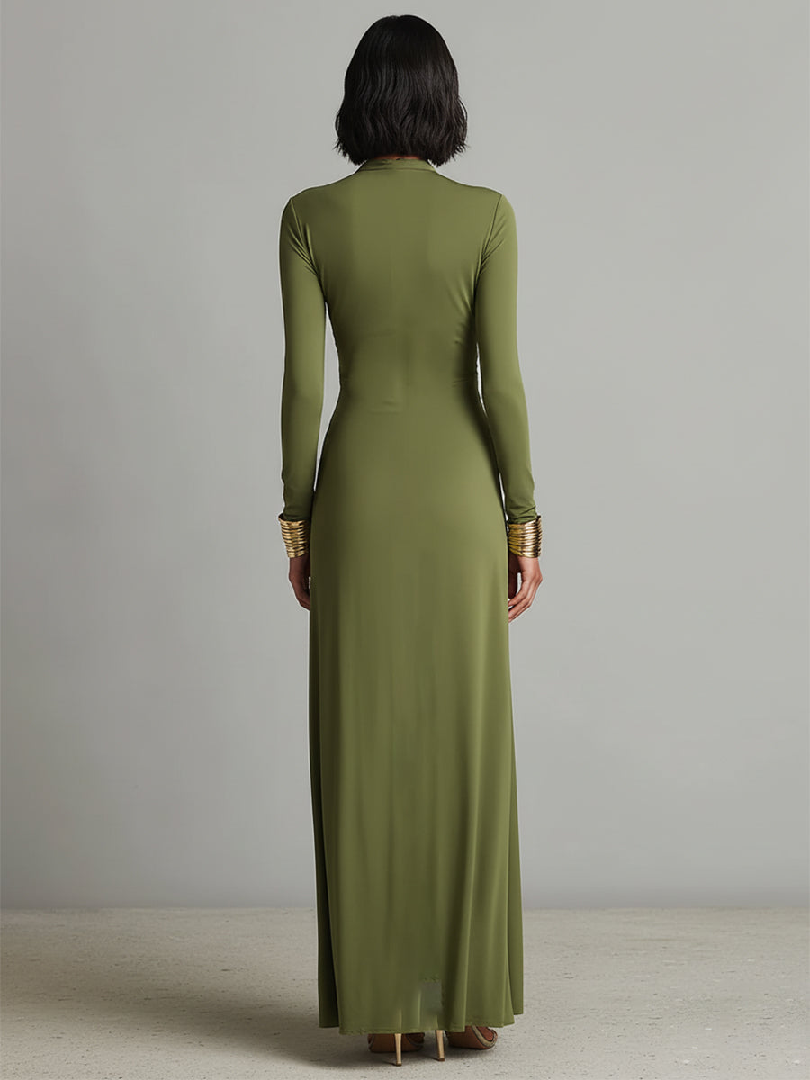 Isabelle | Olive Ruched V-Neck Maxi Dress