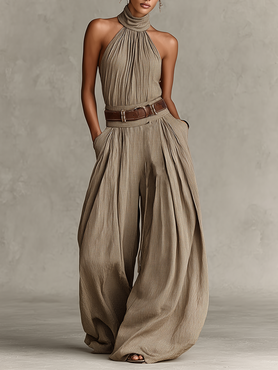 Tessa | Taupe Halter Wide-Leg Jumpsuit