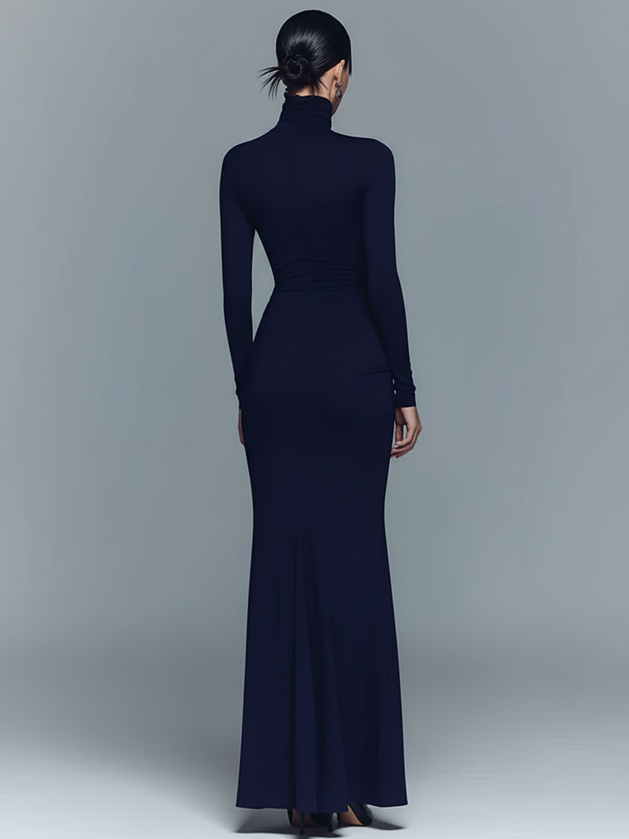 Nolwen | Navy Draped Turtleneck Maxi Dress