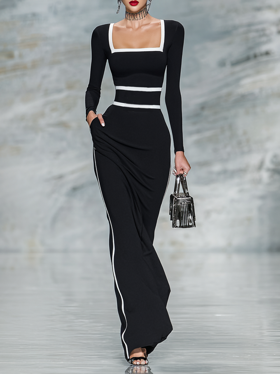 Bianca | Black Trim Square-Neck Maxi Dress