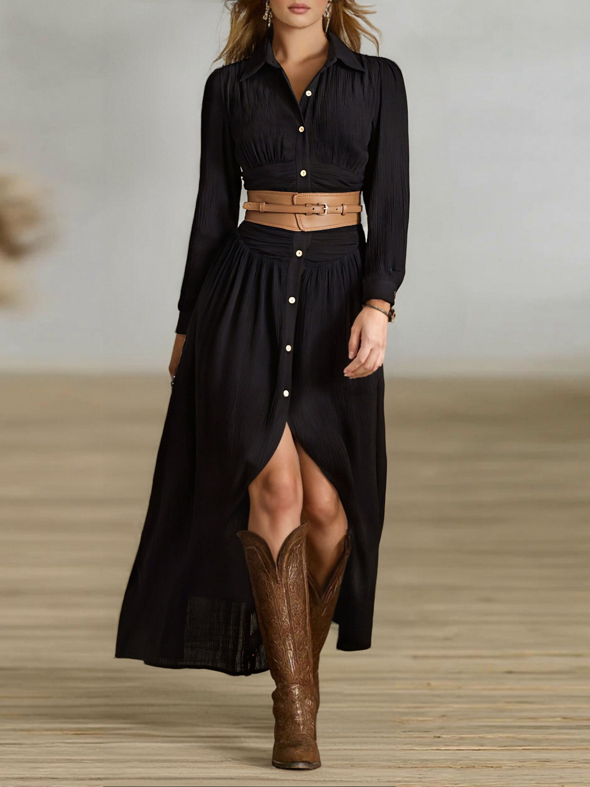 Rosalie | Pleated Lapel Maxi Dress