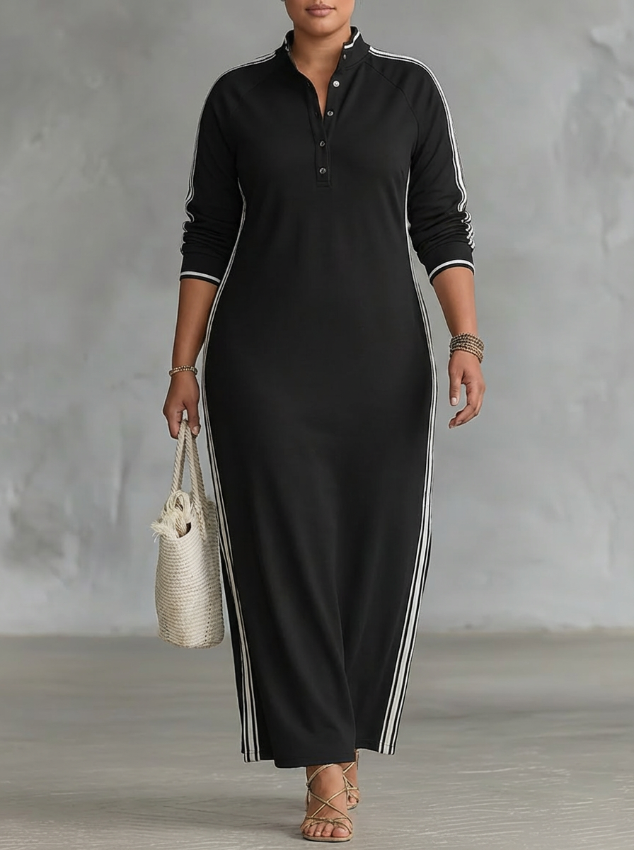 Maxi Sweatshirt Dress for Women with Button-Down Collar and White Trim