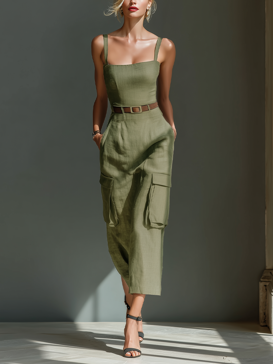Olive | Linen Cargo Pocket Midi Dress