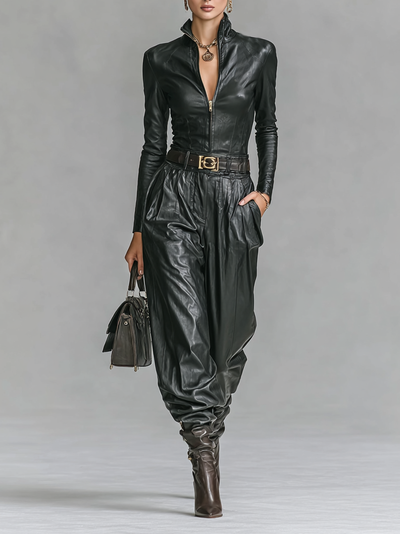 Celine | Faux Leather Zip Pant Set