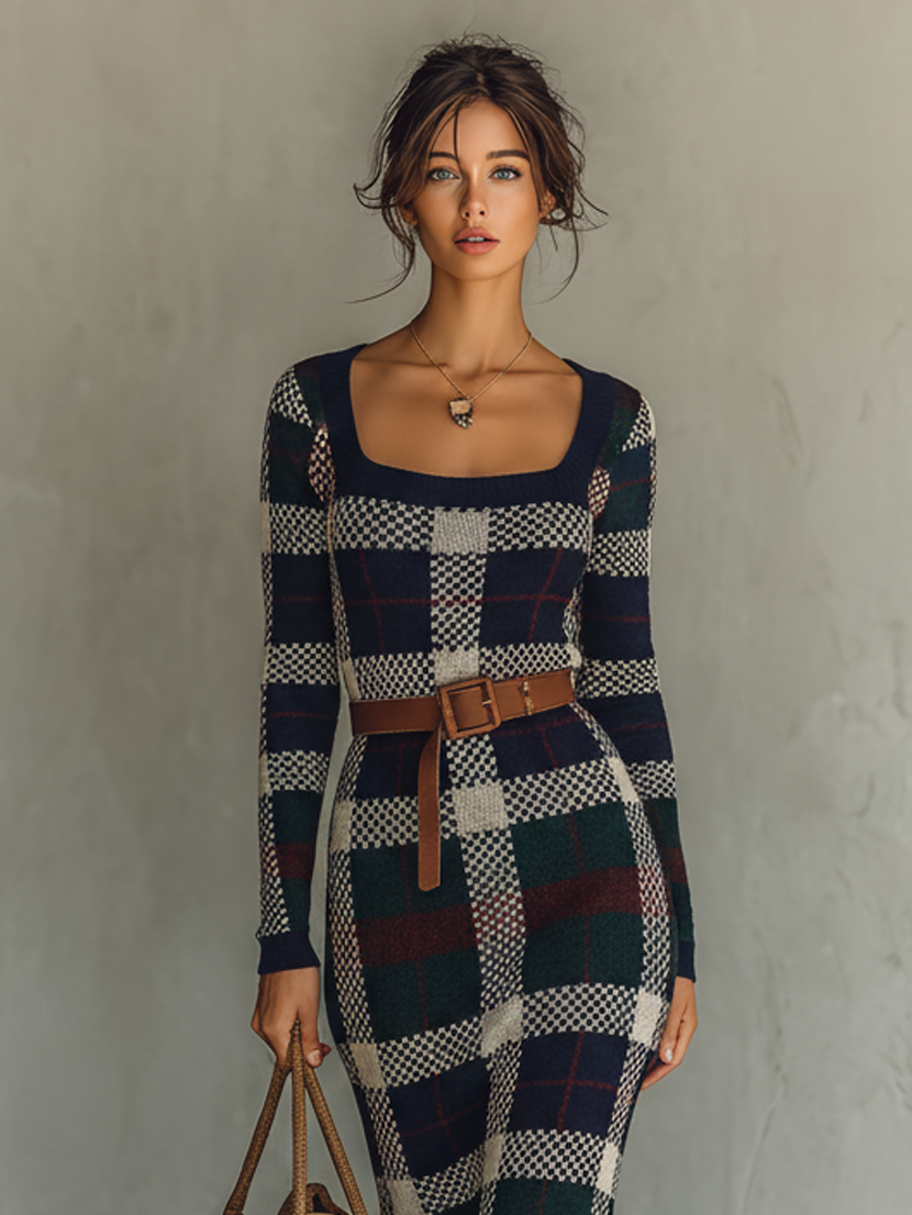 Kirsty | Check Knit Belted Maxi Dress