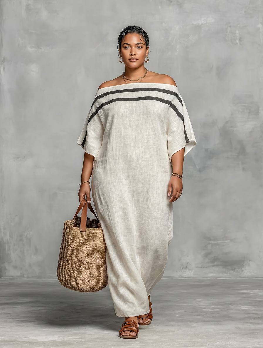 Minimalist Maxi Dress for Women with Off-the-Shoulder Neckline and Batwing Sleeves