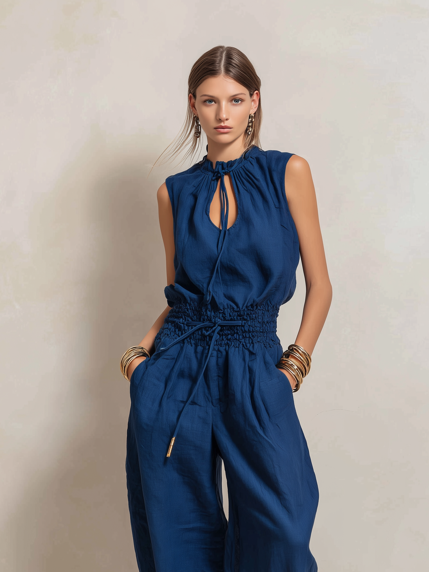 Navy | Cotton-Linen Sleeveless Jumpsuit