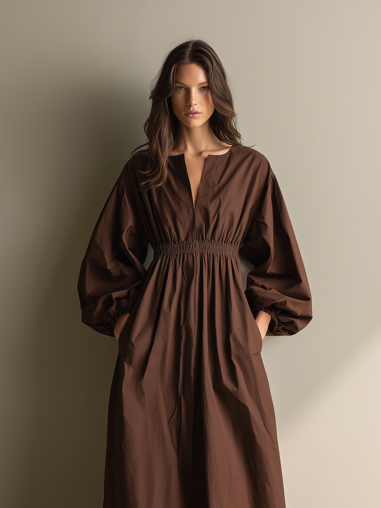 Camille | Brown Linen V-Neck Maxi Dress