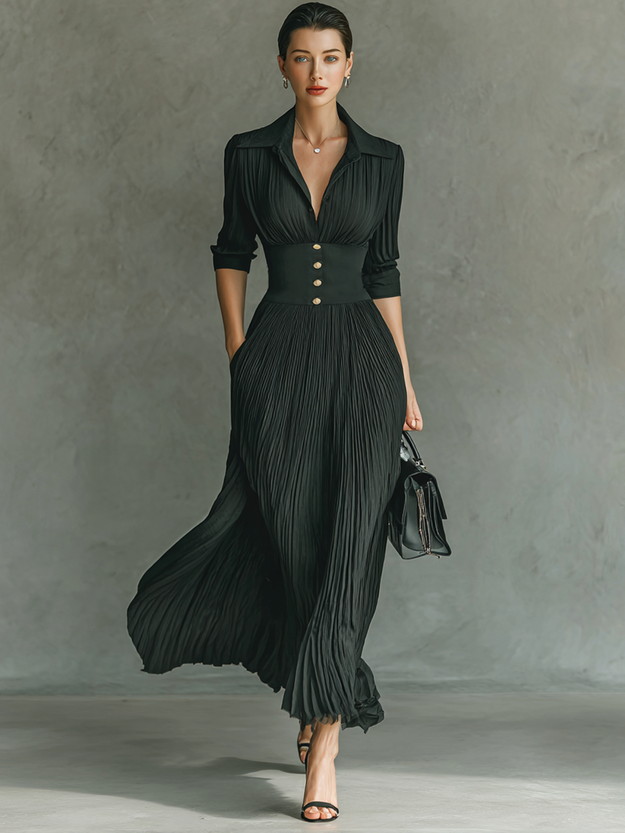 Elina | Pleated Lapel Maxi Dress