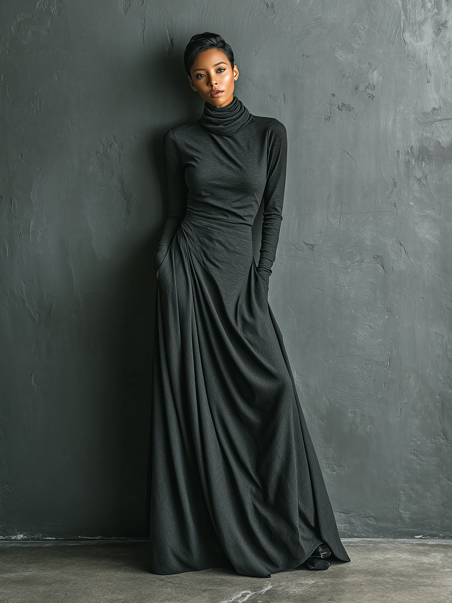 Amelia | Charcoal Draped Turtleneck Maxi Dress