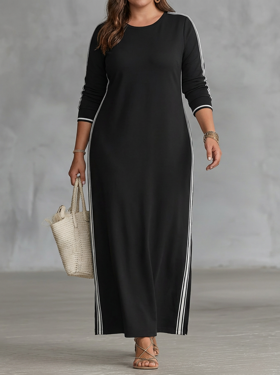 Maxi Sweatshirt Dress for Women with Button-Down Collar and White Trim