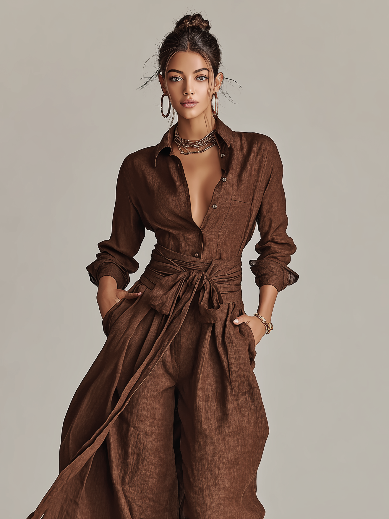 Johanna | Brown Belted Shirt Jumpsuit