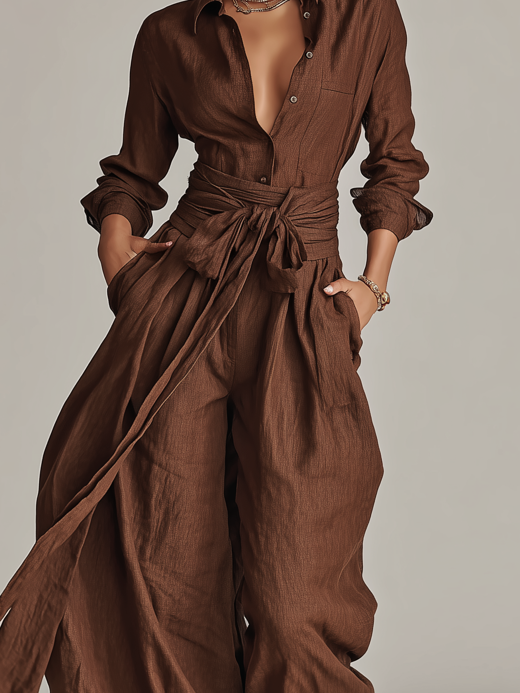 Johanna | Brown Belted Shirt Jumpsuit