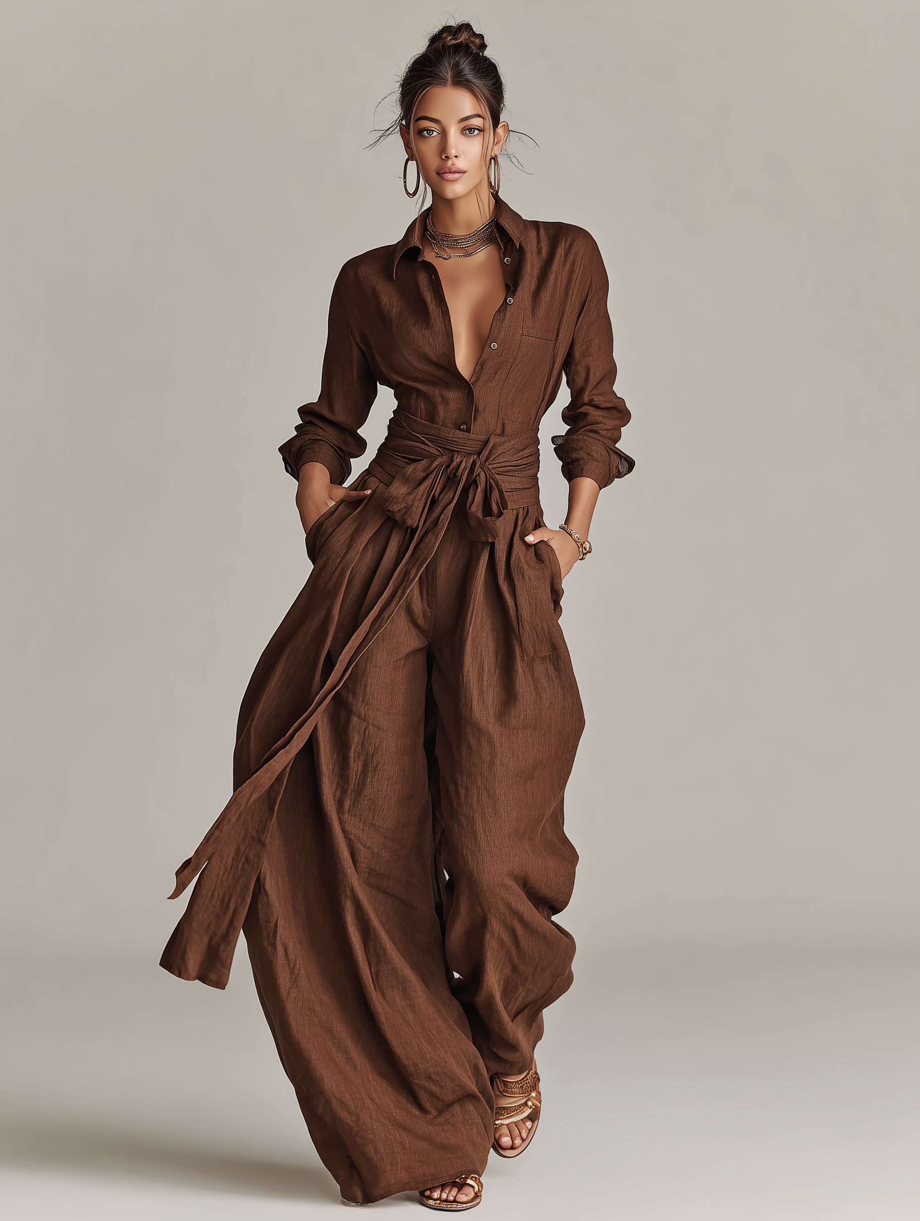 Johanna | Brown Belted Shirt Jumpsuit