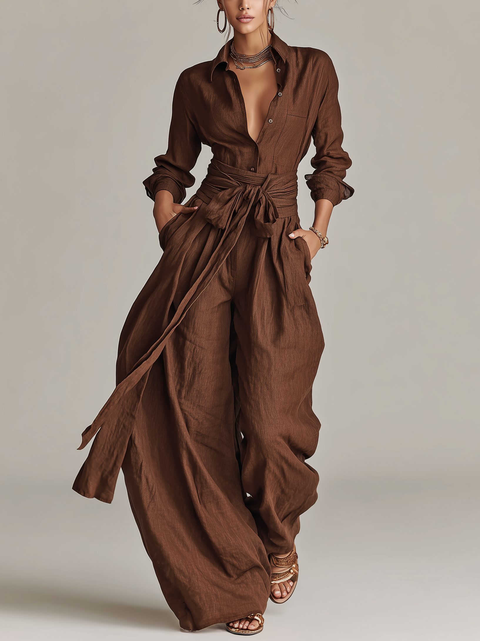 Johanna | Brown Belted Shirt Jumpsuit