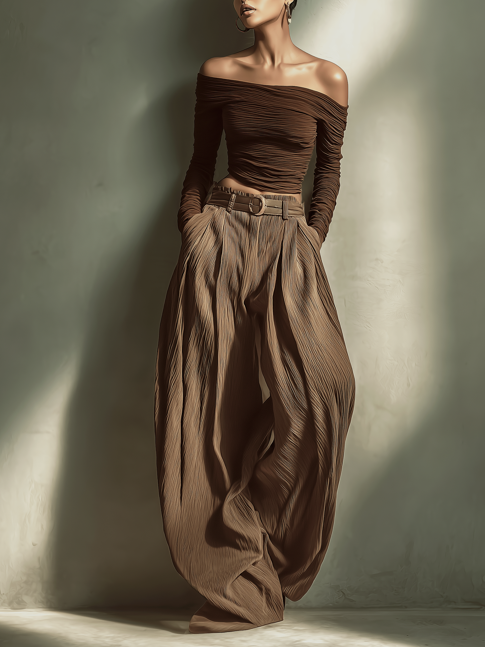 Colette | Brown Off-Shoulder Wide-Leg Set
