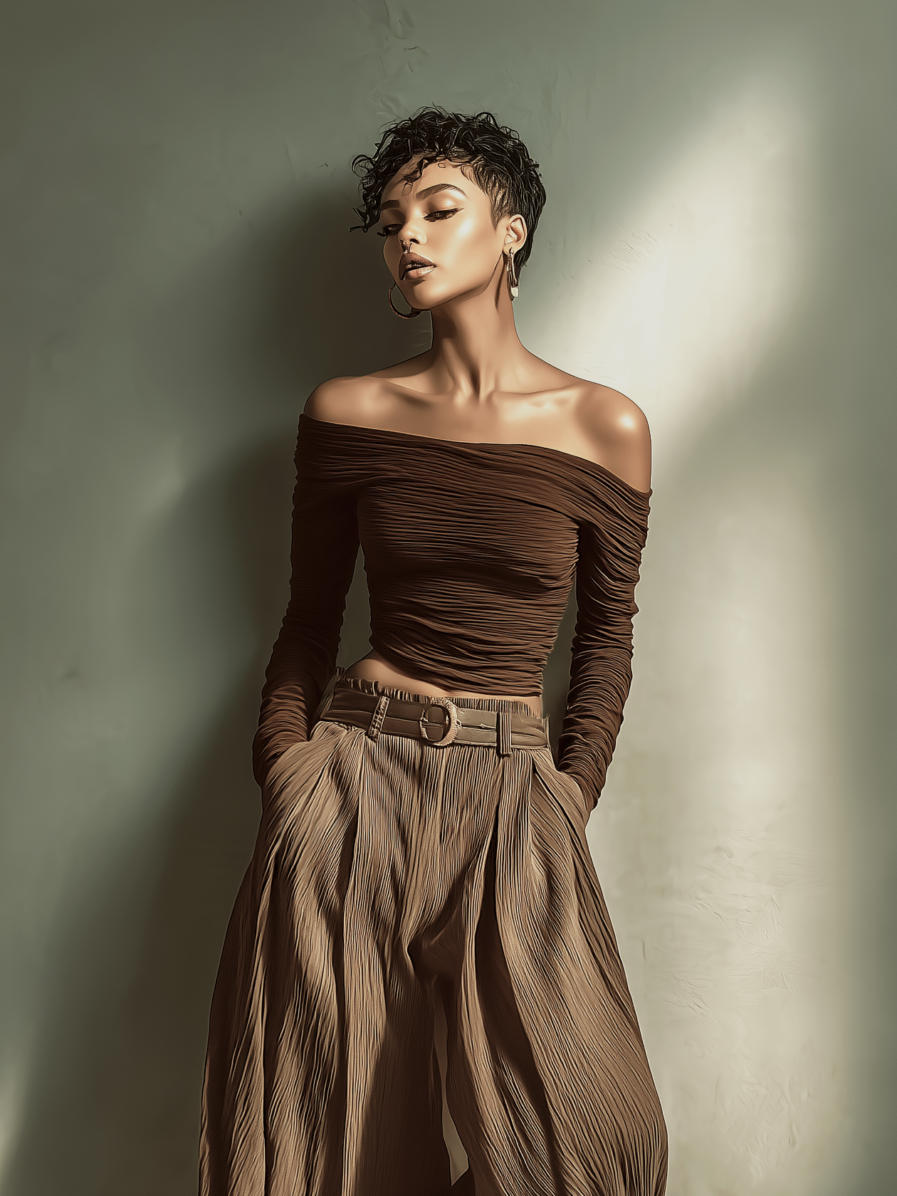 Colette | Brown Off-Shoulder Wide-Leg Set