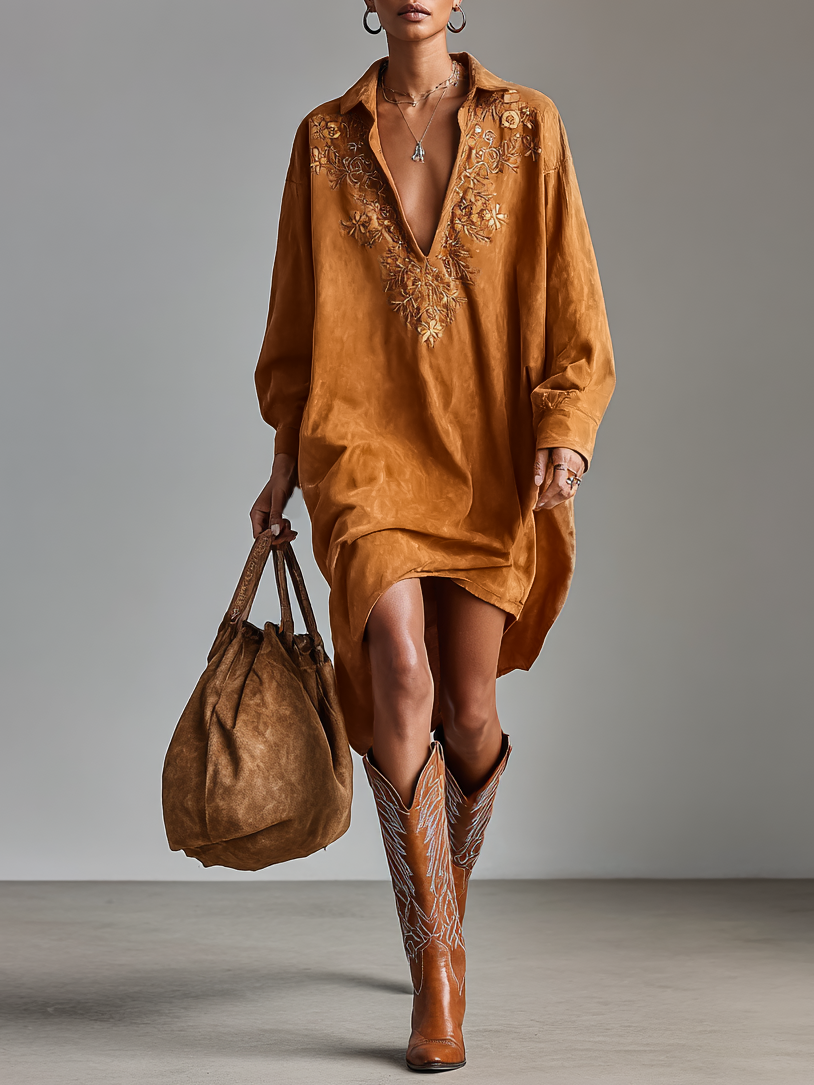 Serena | Embroidered Suede Midi Dress
