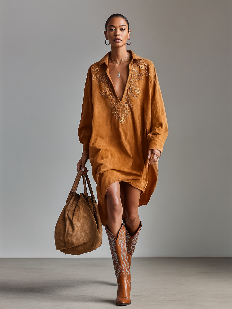 Serena | Embroidered Suede Midi Dress