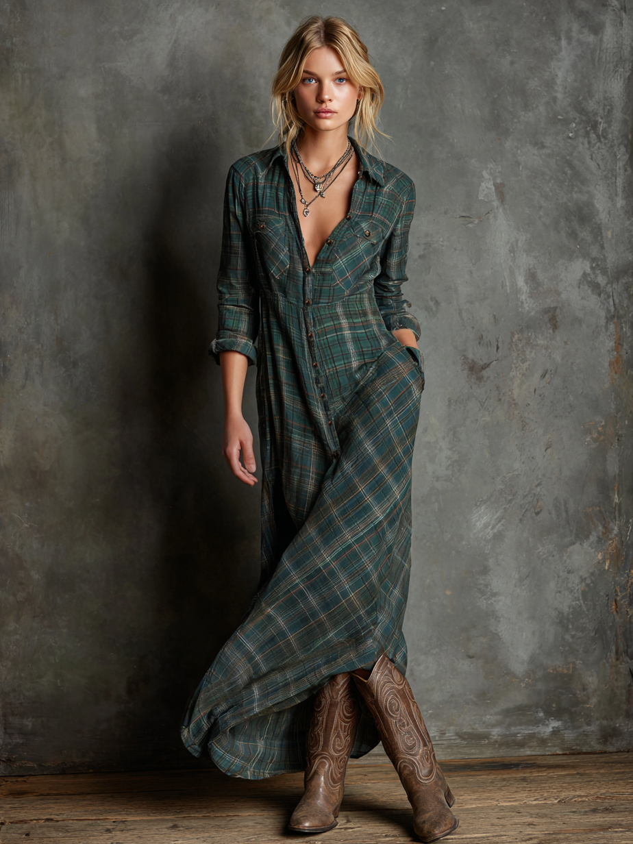 Amelia | Plaid Lapel Shirt Maxi Dress