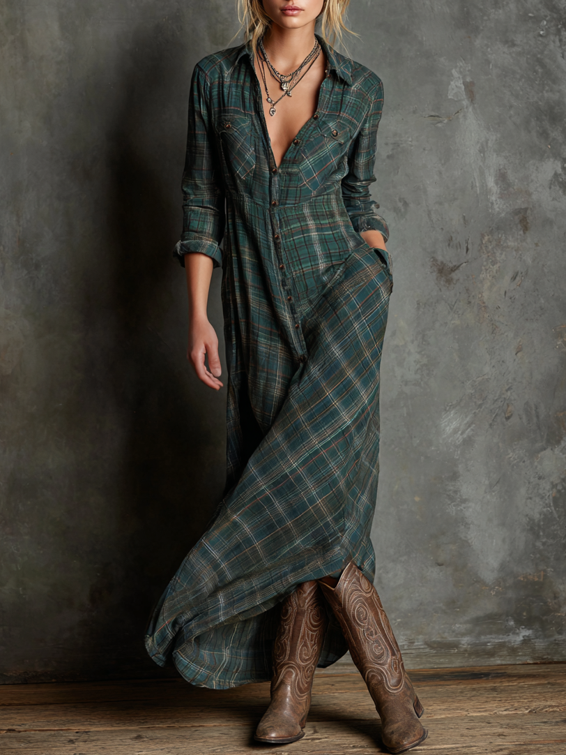 Amelia | Plaid Lapel Shirt Maxi Dress