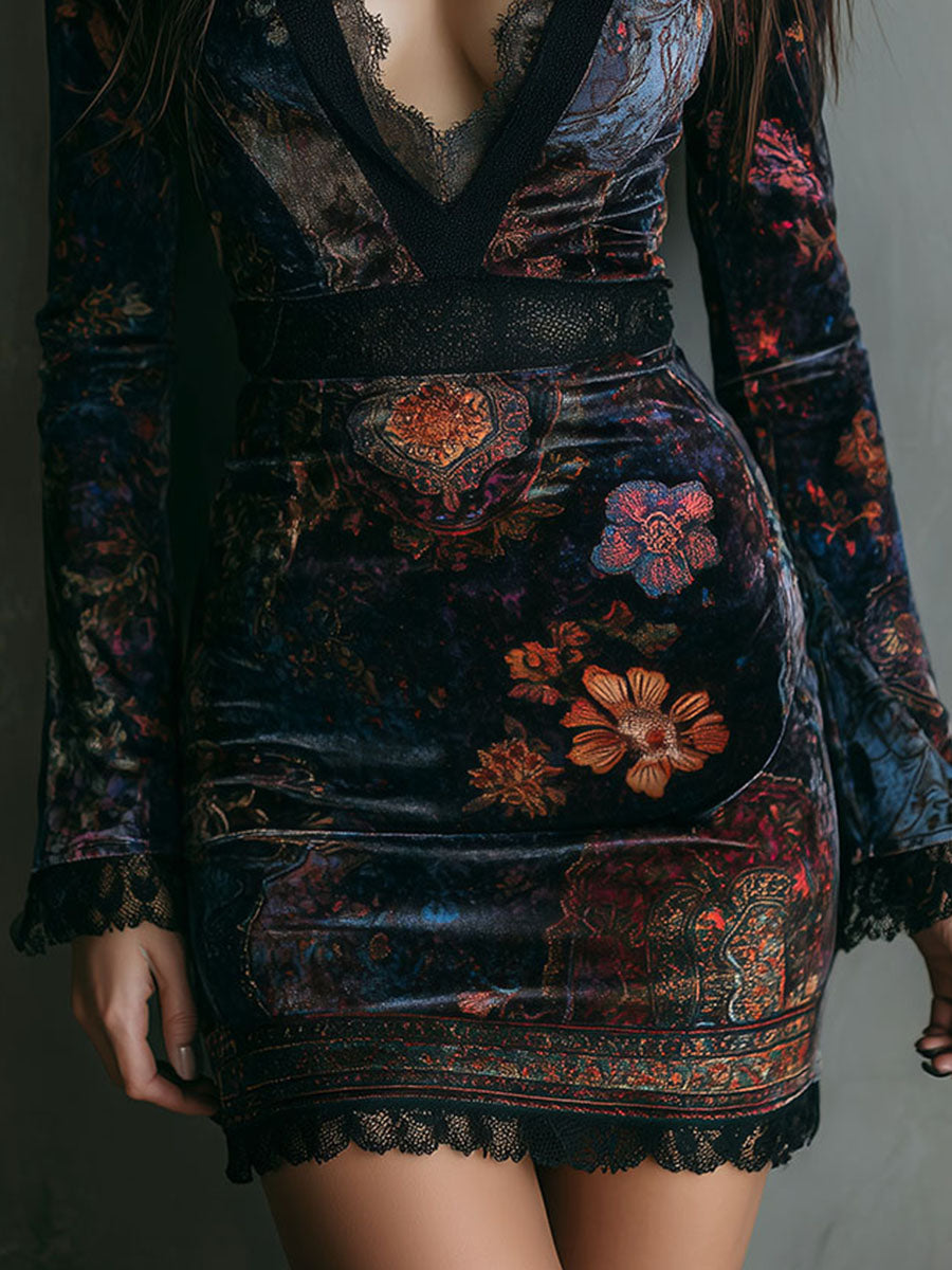 Celeste | Floral Velvet Lace Mini Dress