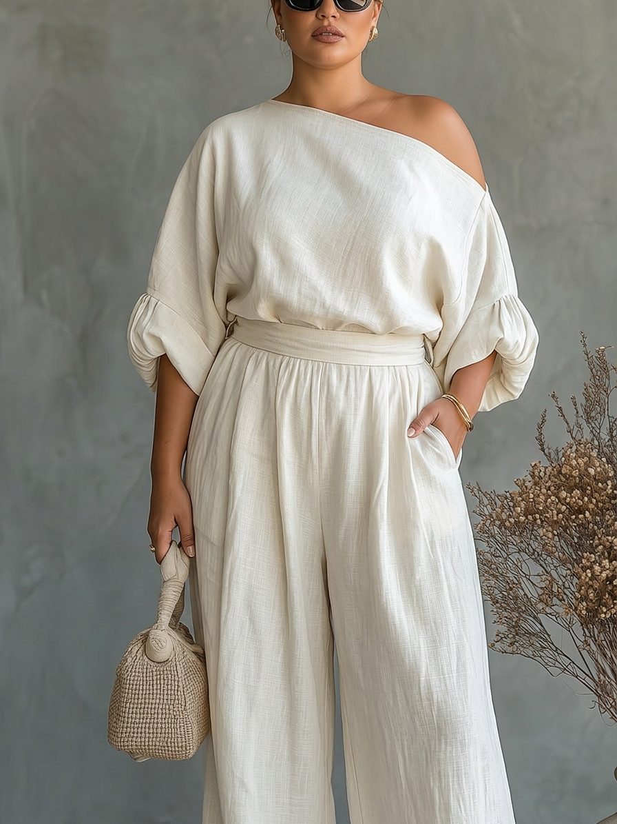 Women's Off-White Set with Off-Shoulder Top and Tapered Pants