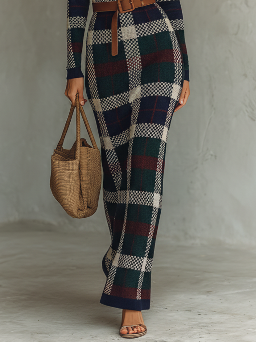 Kirsty | Check Knit Belted Maxi Dress