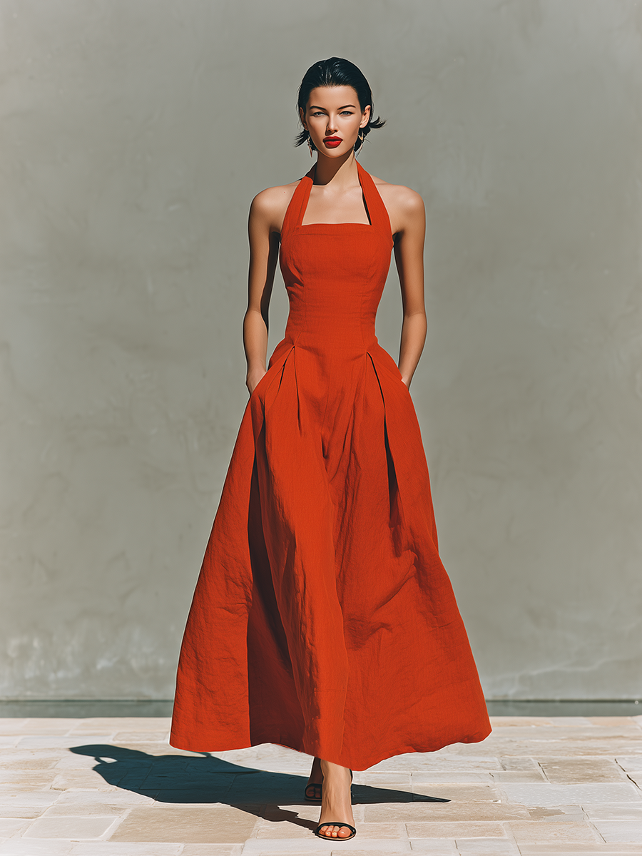 Freya | Red Linen Halter Maxi Dress