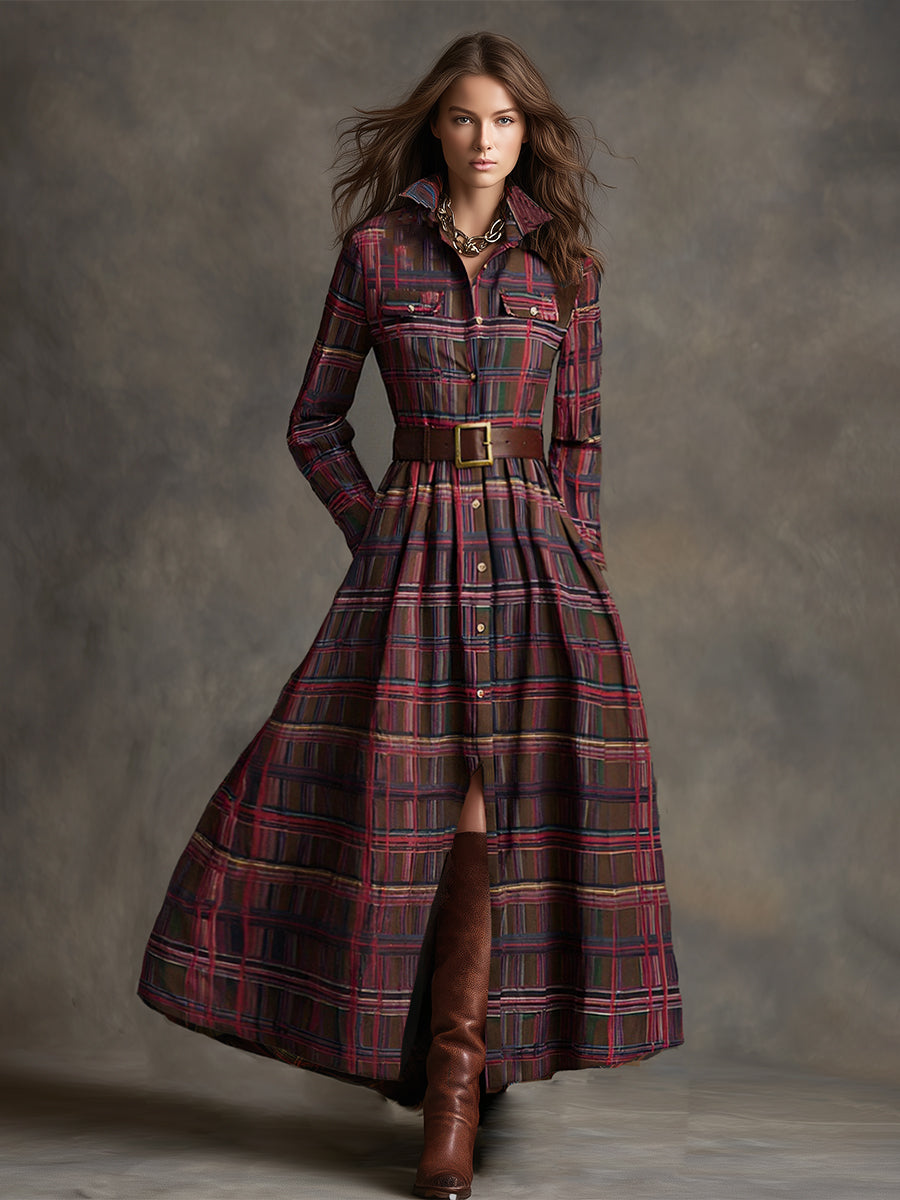 Elowen | Reddish Brown Plaid Maxi Dress