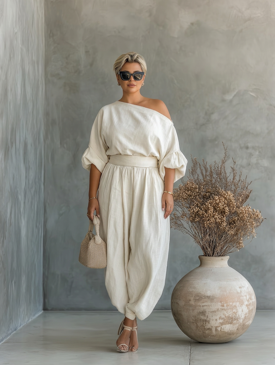 Women's Off-White Set with Off-Shoulder Top and Tapered Pants