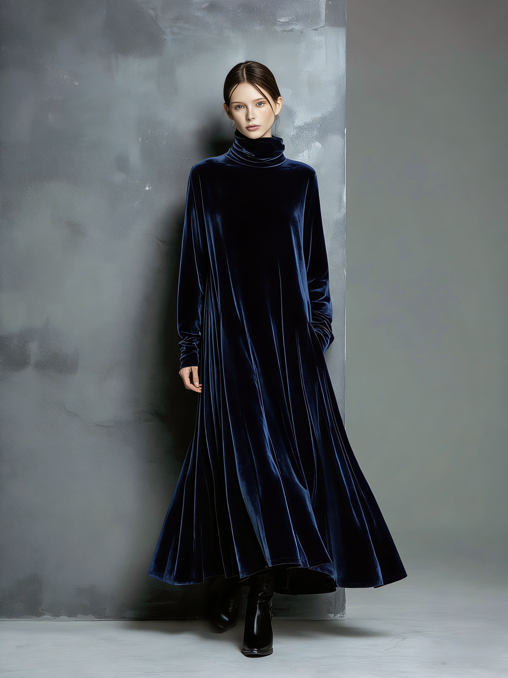 Adeline | Navy Velvet High-Neck Maxi Dress