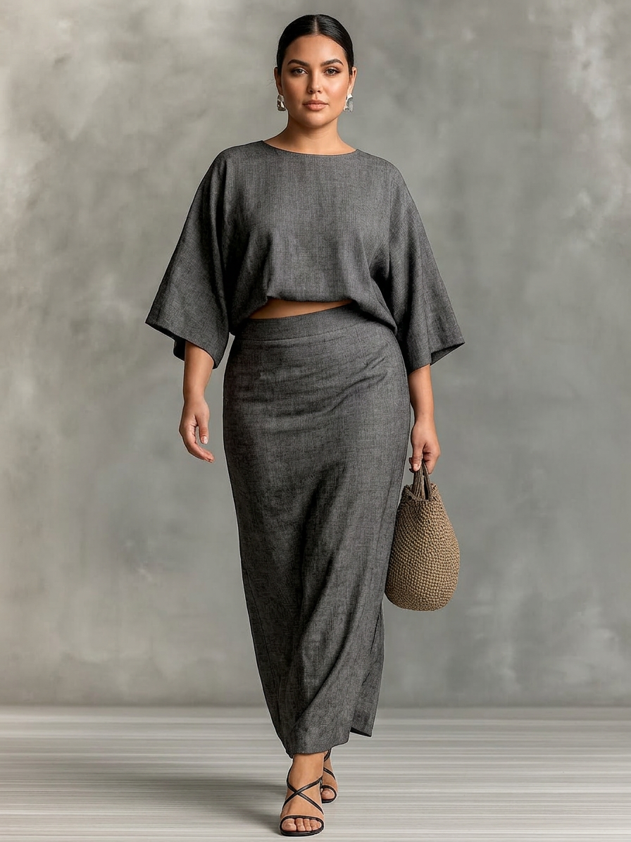 Two-piece set with long skirt and batwing sleeves