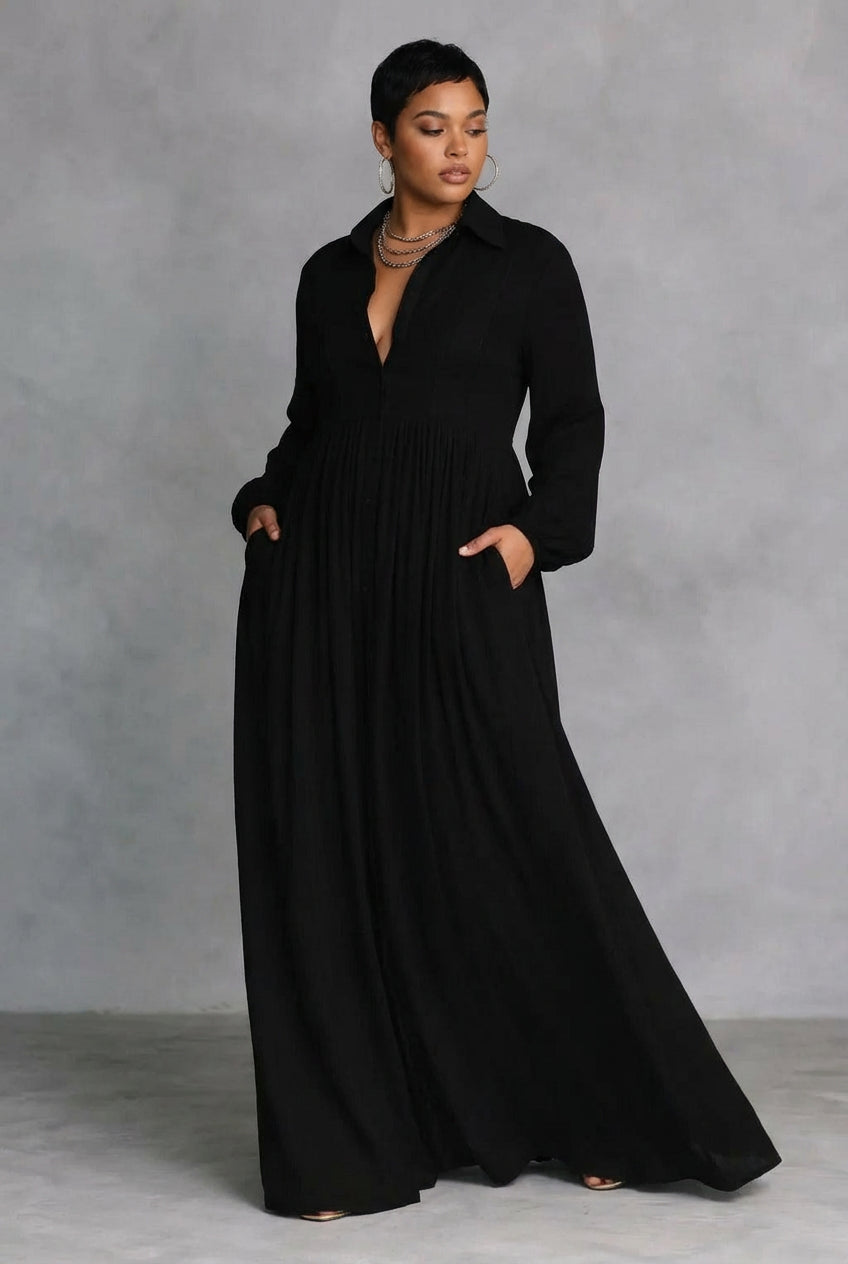 Celine | Black Flowing Button-Front Maxi Dress