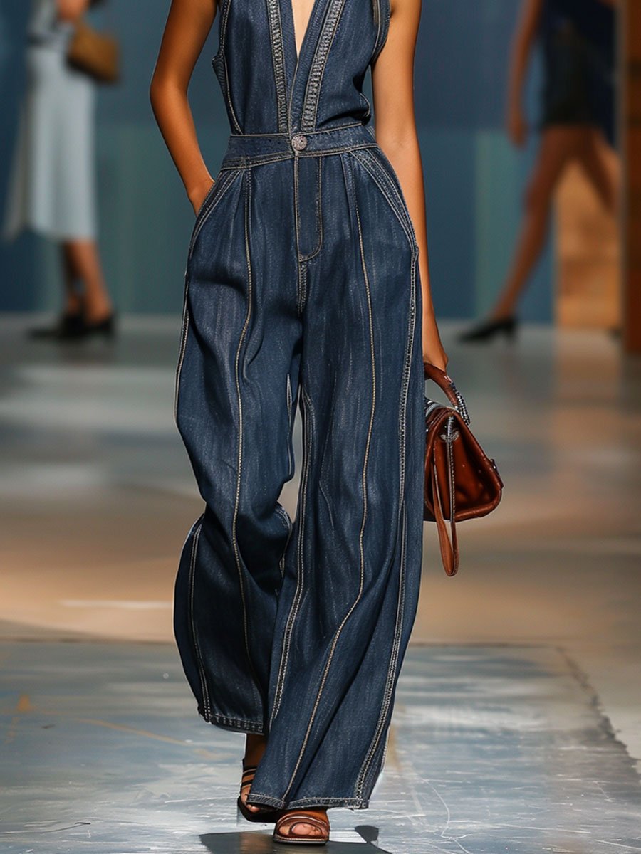 Quinn | Sleeveless Wide-Leg Denim Jumpsuit