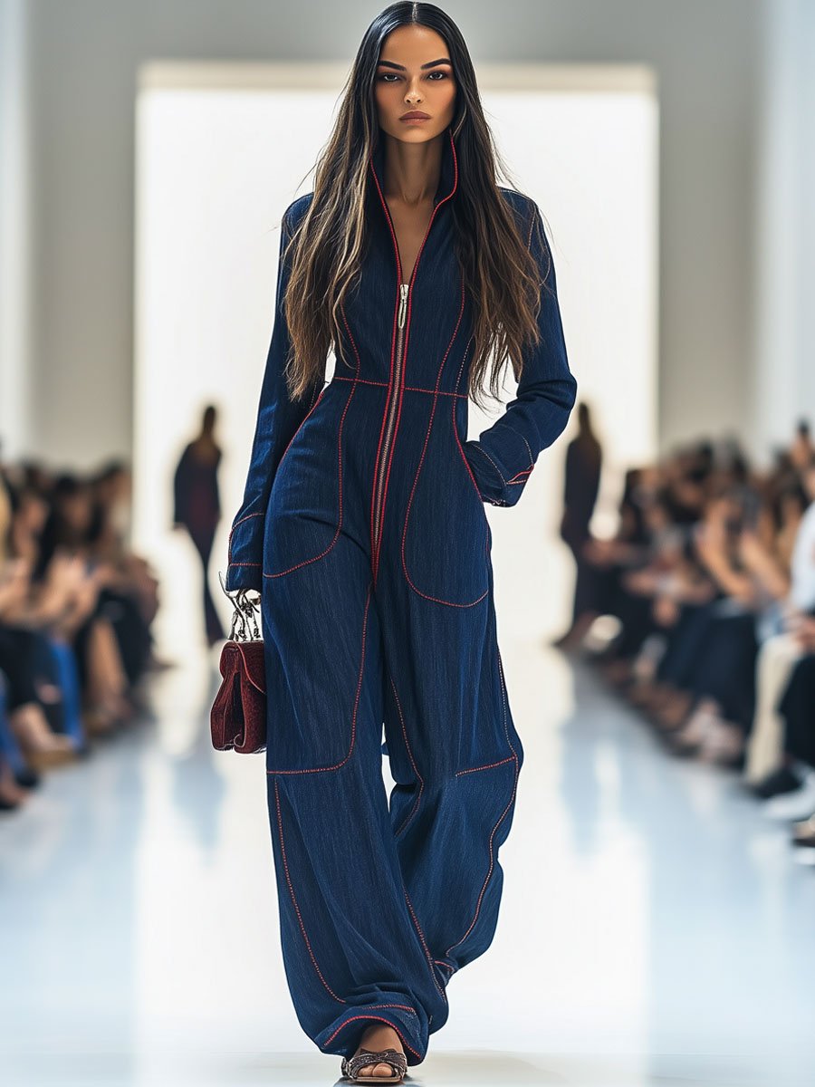 Rowan | Topstitched Denim Wide-Leg Jumpsuit