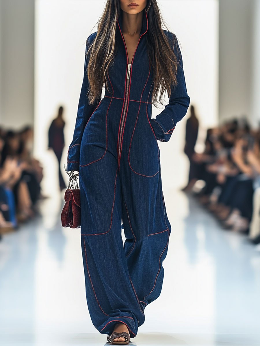 Rowan | Topstitched Denim Wide-Leg Jumpsuit