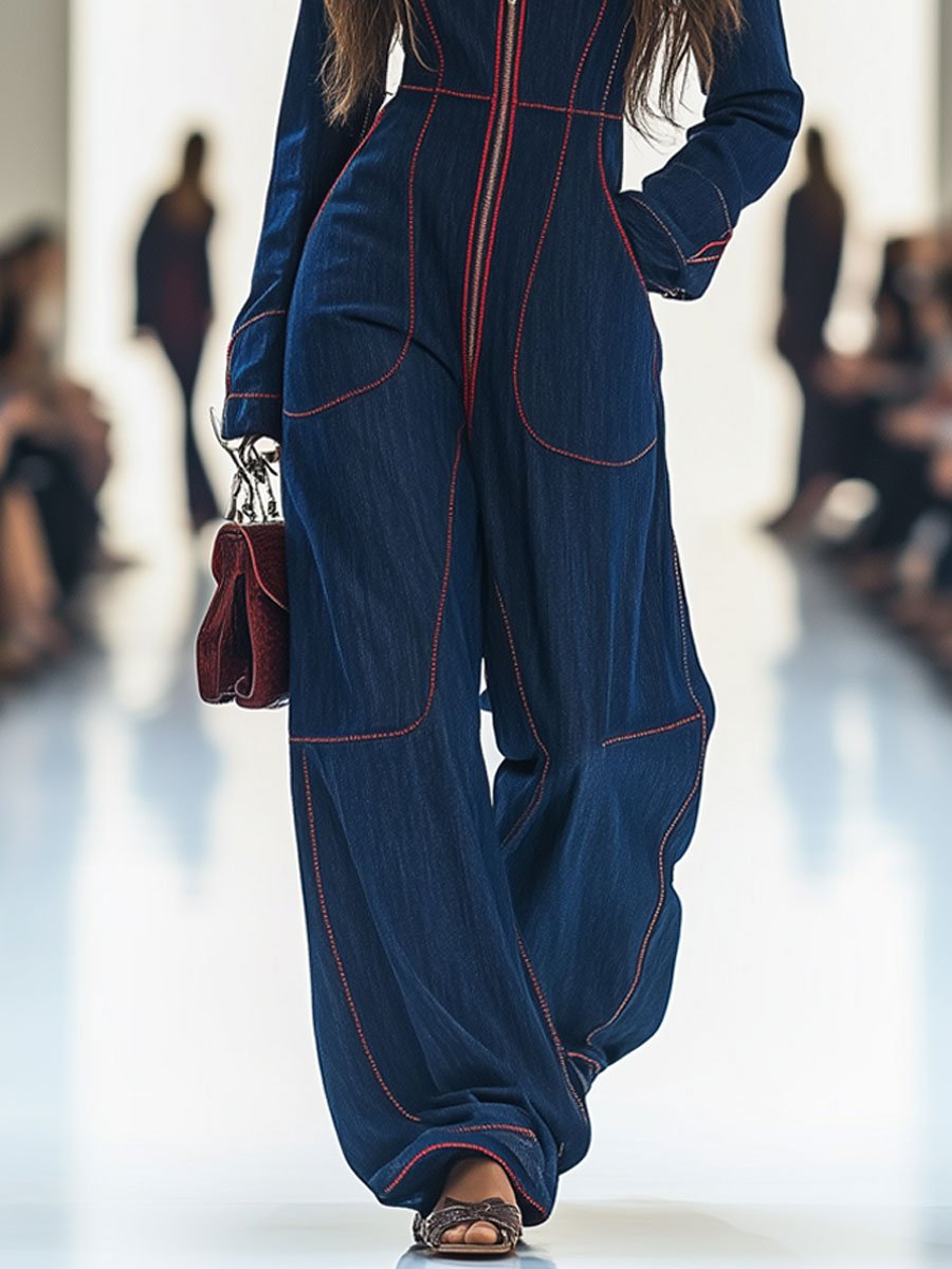 Rowan | Topstitched Denim Wide-Leg Jumpsuit