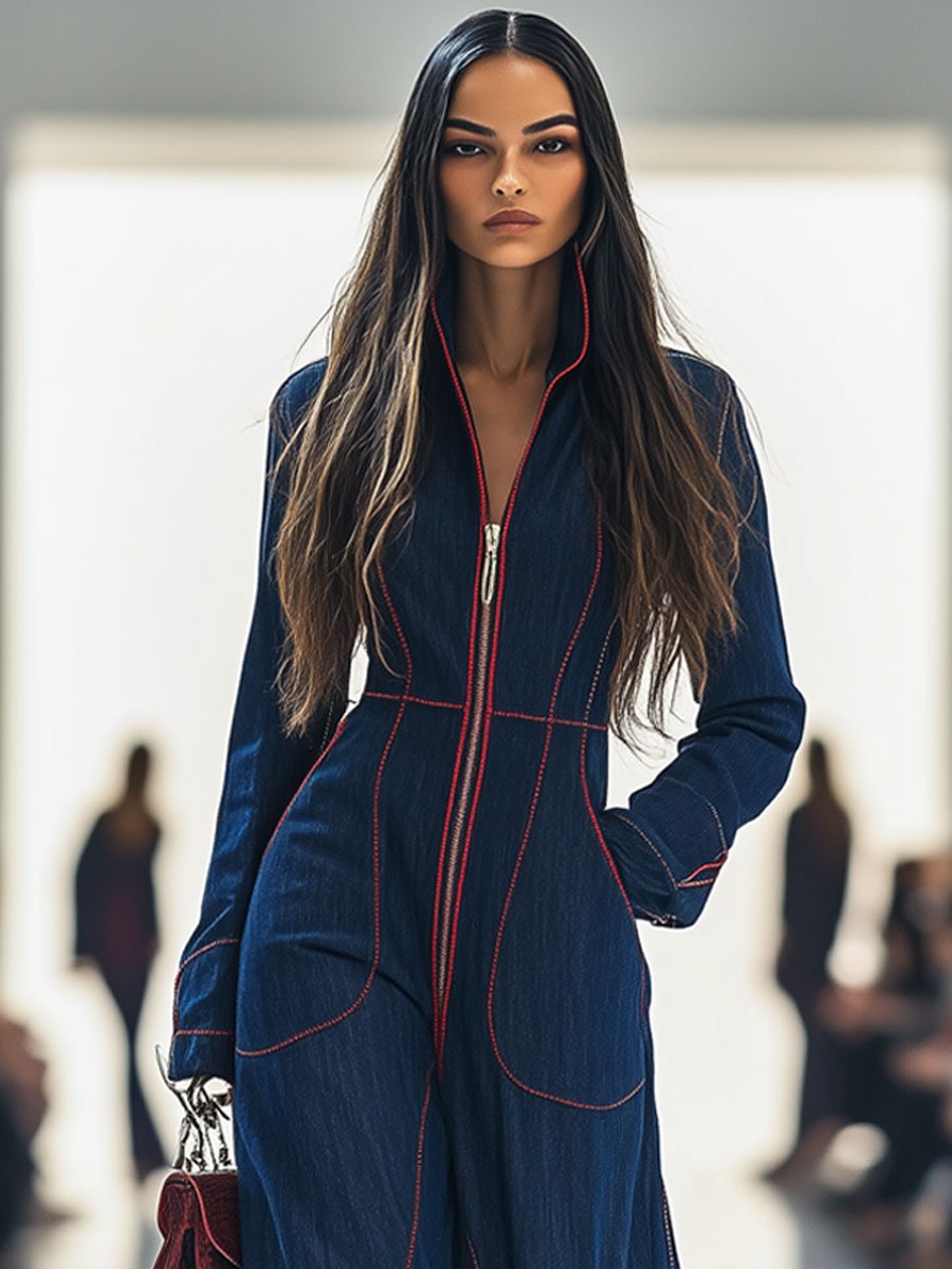 Rowan | Topstitched Denim Wide-Leg Jumpsuit