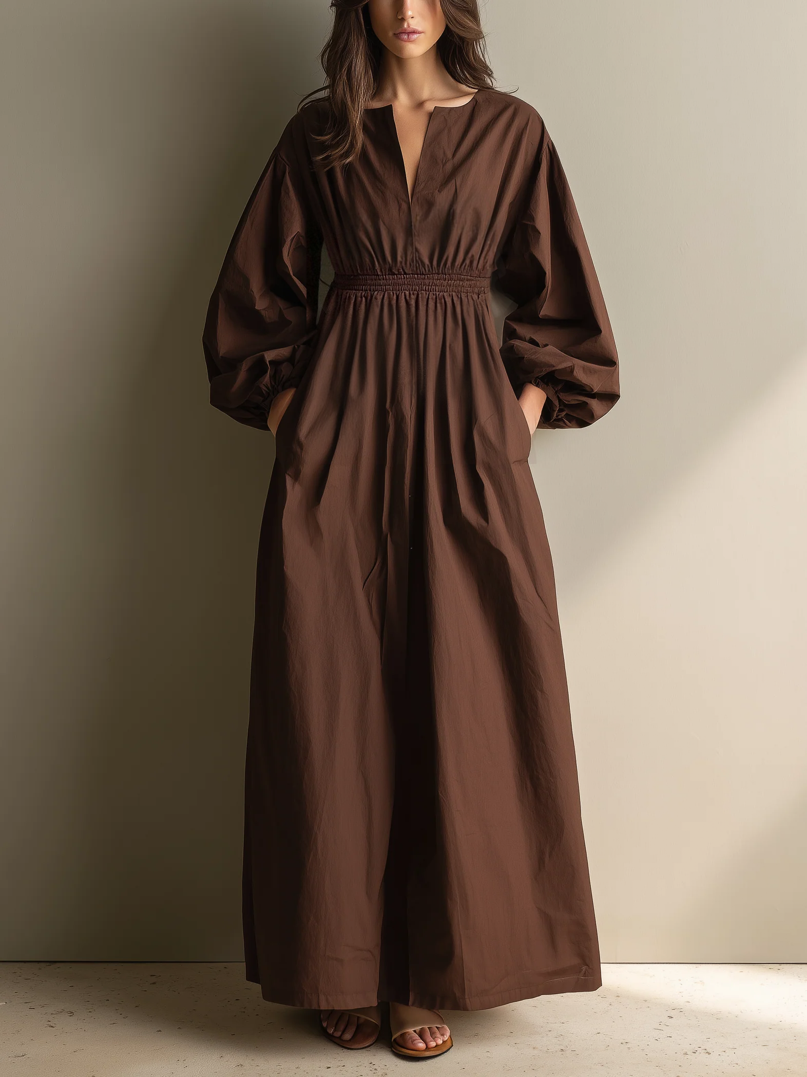Camille | Brown Linen V-Neck Maxi Dress
