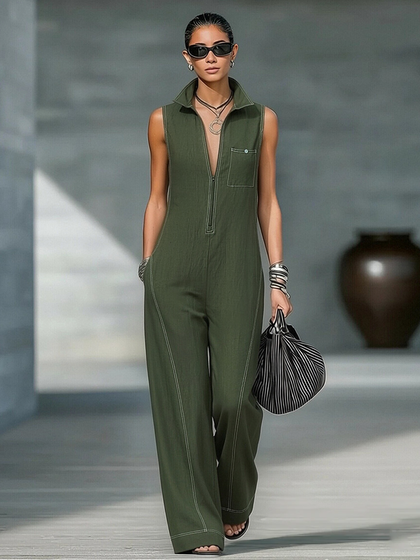 Odette | White Trim Sleeveless Jumpsuit