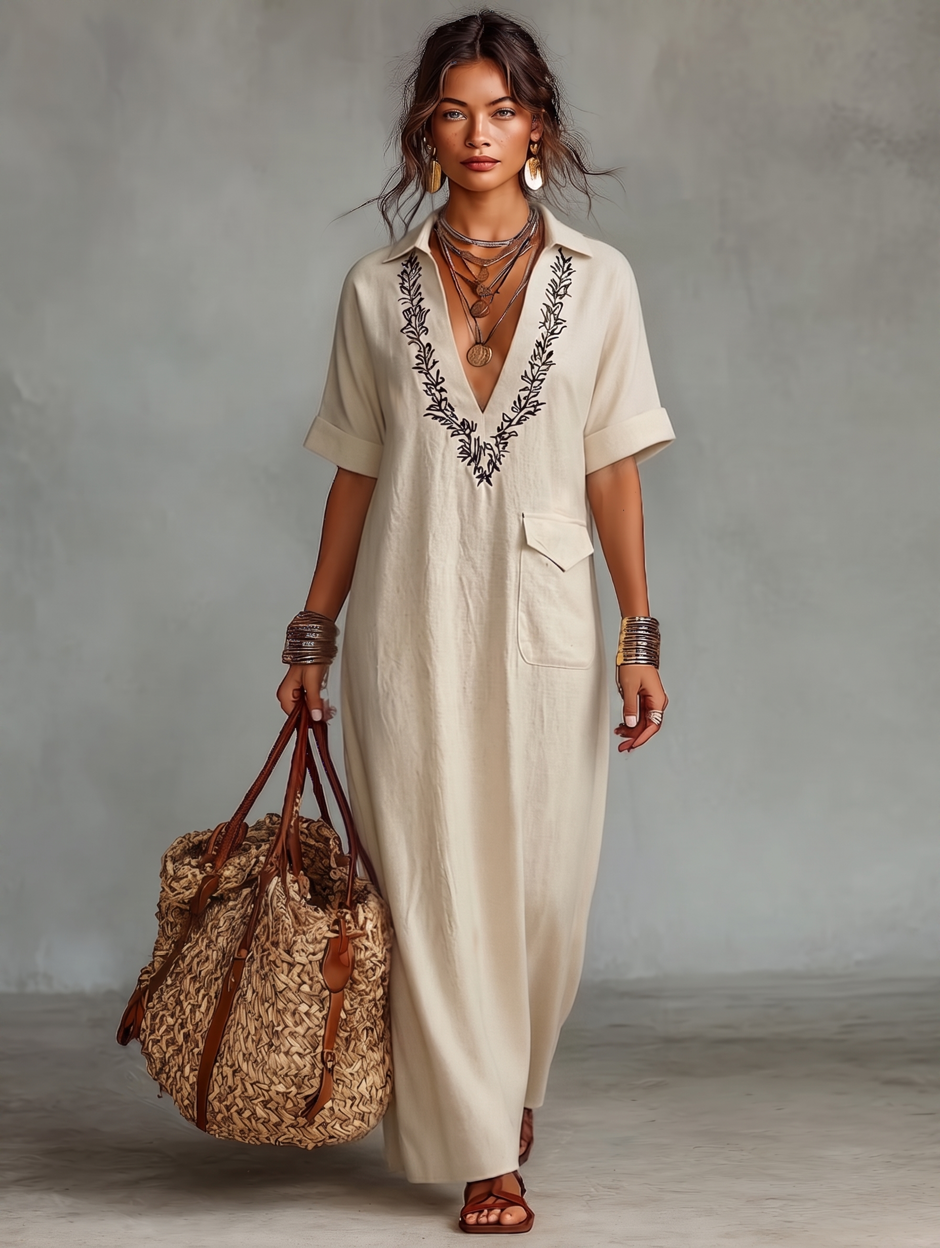Fleur | Embroidered Linen Shirt Maxi Dress