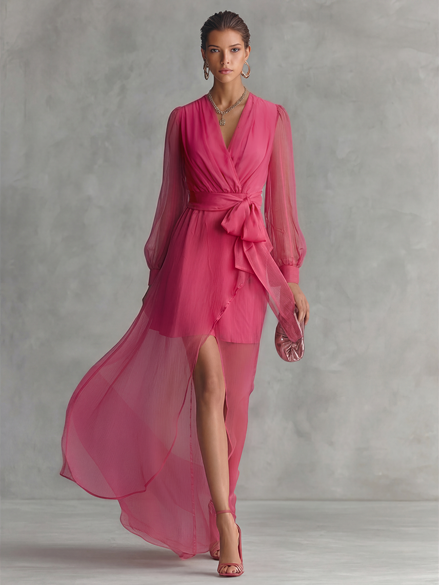 Adeline | Rose Pink Chiffon Tie-Waist Dress